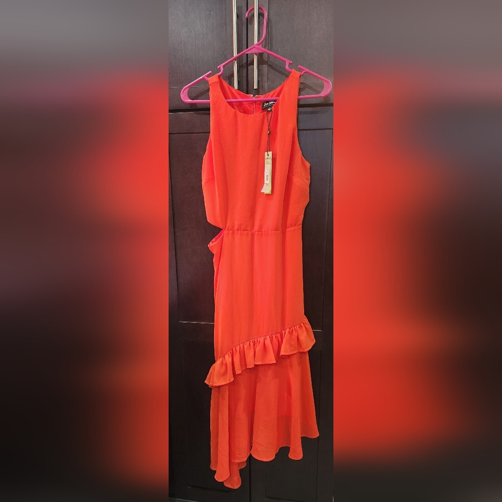 Sam Edelman Midi Dress Tiered Ruffle Side Cutout, Asymmetric Hem - Coral, Size 6